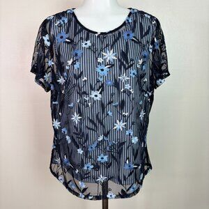 Christopher & Banks Top Medium Blue Embroidered Mesh Short Sleeve Blouse Women's